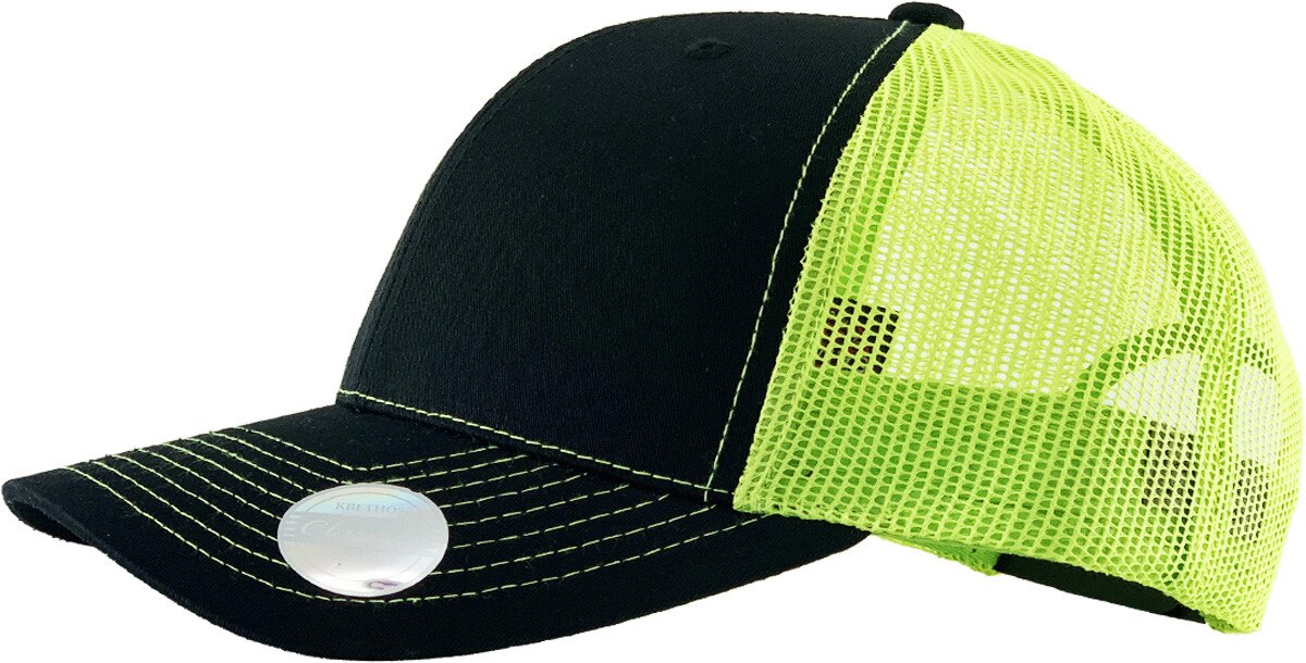 Black Neon Lime Two Tone Classic 6 Panel Trucker Mesh Snapback Side View